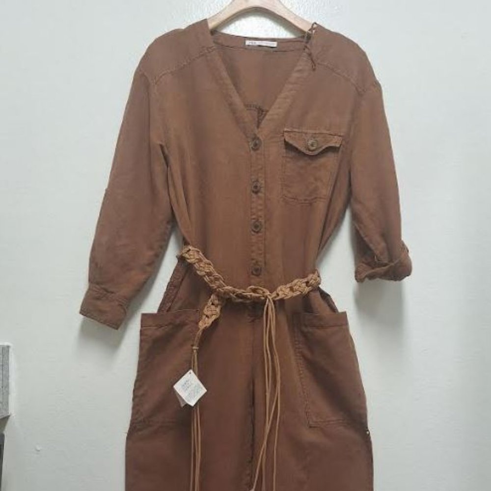 Zara  V-neck Jumpsuit With Cord Braided belt,  size S, Camel